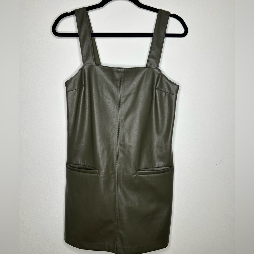 Abercrombie & Fitch Green Faux Leather Front Pocket Mini Shift Dress Layering - Picture 2 of 8